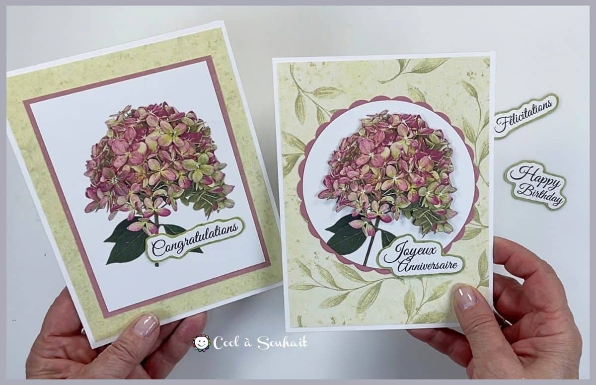 Cartes de voeux 5" x 6.5" avec hydrangeas.