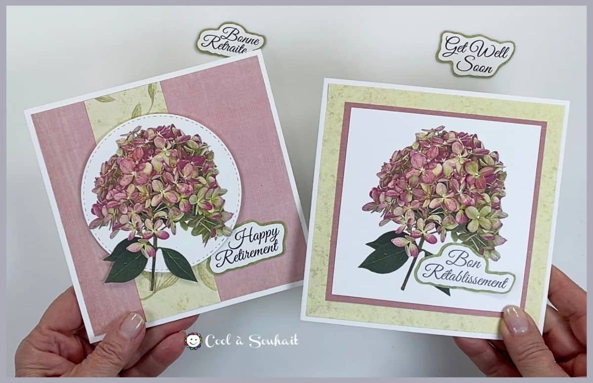 Cartes de voeux avec hydrangeas en format carré 5.5" x 5.5".